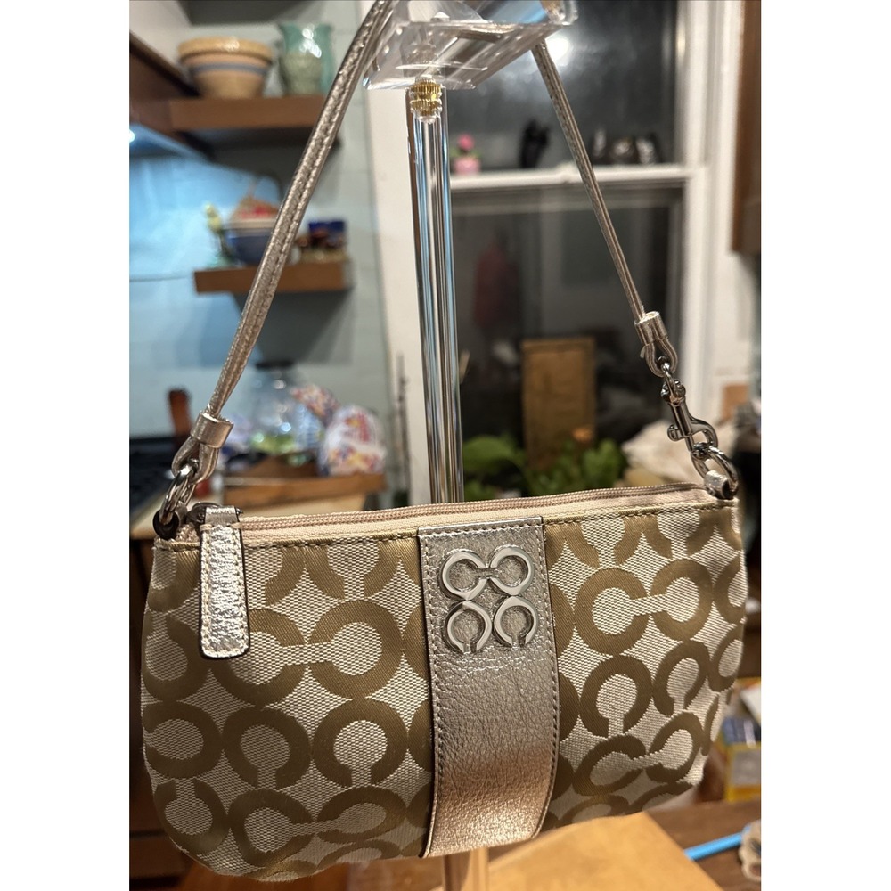 Tan Coach Logo Wristlet Small Purse W/Metallic Stripe and Strap